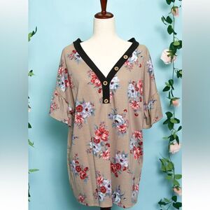 Haptics Floral Gray Blue Henley Knit Top Plus Size 3X